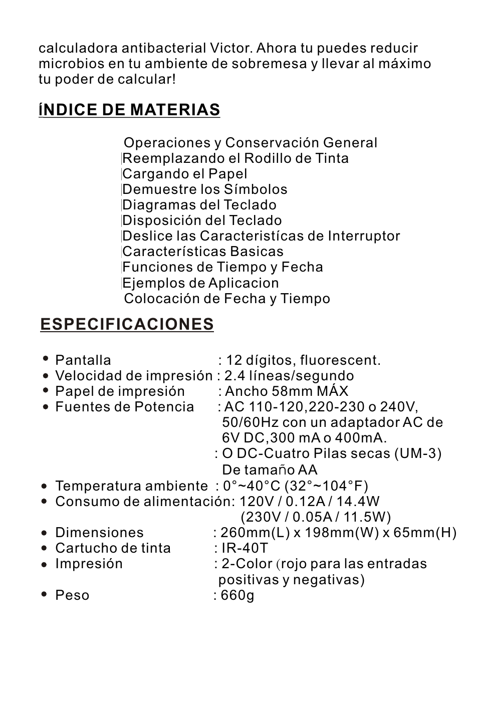 页面 20, Ndice de materias, Especificaciones | Victor Technology 1212-3A Series User Manual | Page 20 / 36