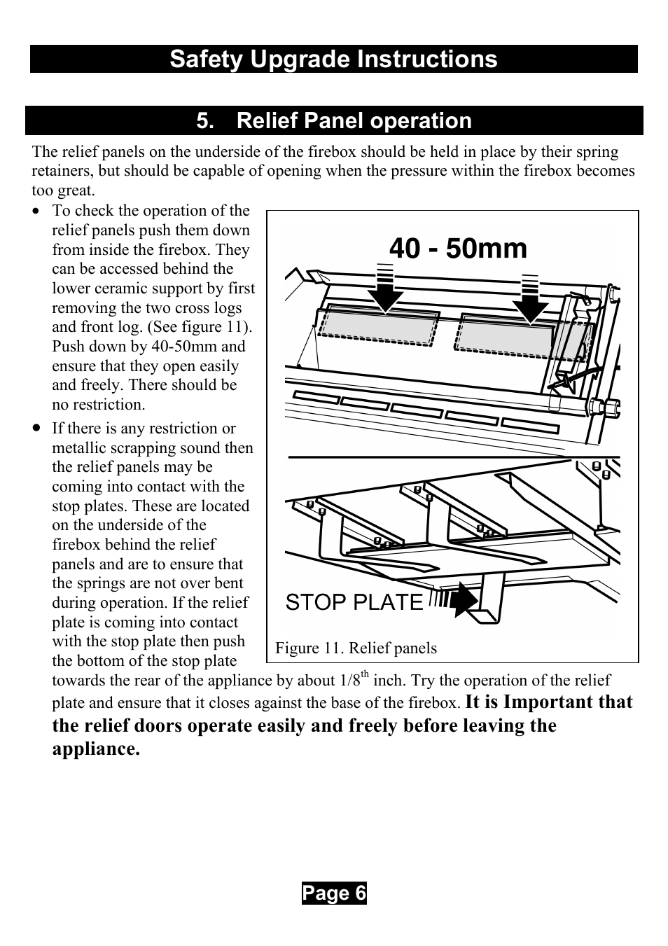 Relief panel operation, Safety upgrade instructions | Valor Auto Companion Inc. Valor Legend Ultra 837 AN User Manual | Page 6 / 12