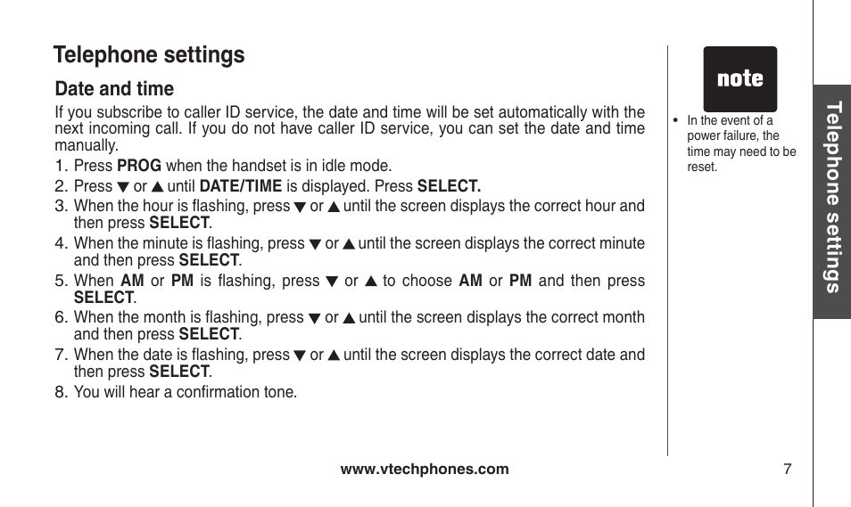 Telephone settings, Date and time, Date and tme | VTech CS2112 User Manual | Page 11 / 56