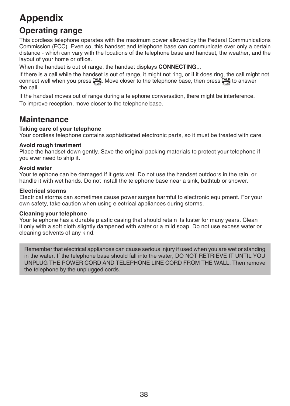 Operating range, Maintenance, Appendix | VTech Dect 6.0 DS6211-4 User Manual | Page 41 / 49