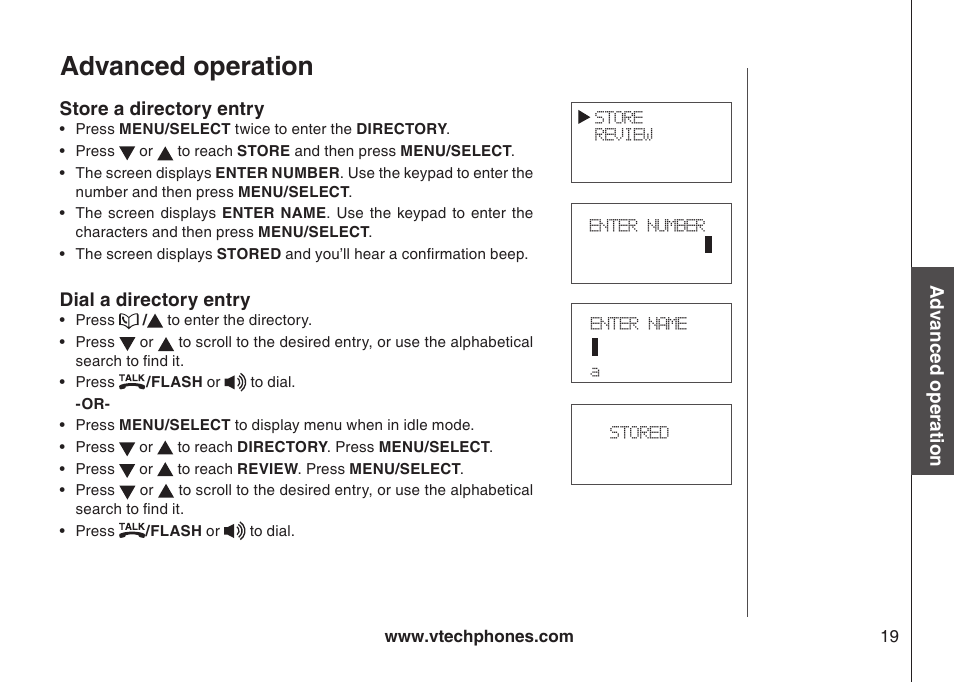 Dial a directory entry, Store an entry in the directory, Store a drectory entry dal a drectory entry | Advanced operation | VTech 6044 User Manual | Page 22 / 53
