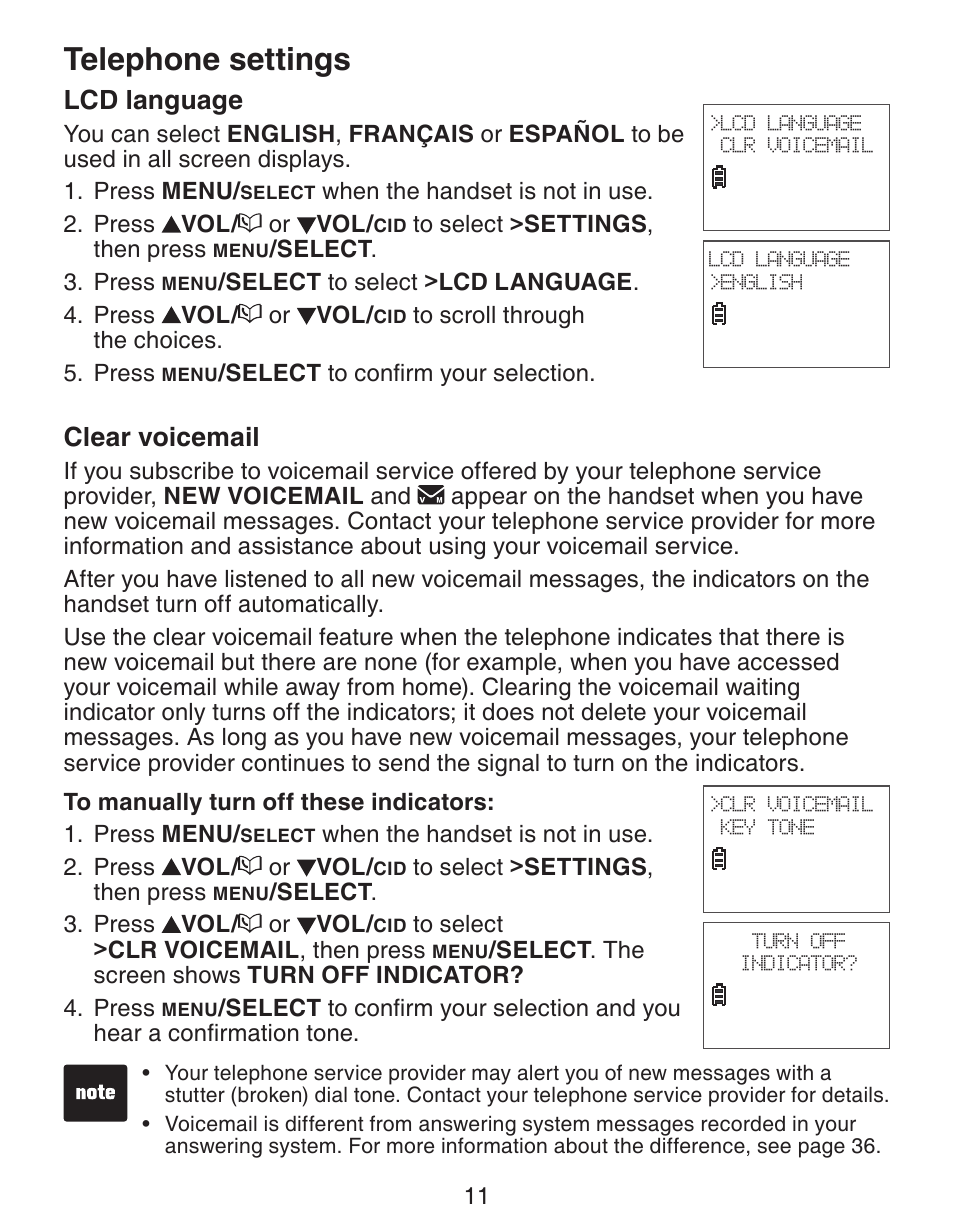 Telephone settings, Lcd language, Clear voicemail | VTech CS6329-5 User Manual | Page 15 / 71