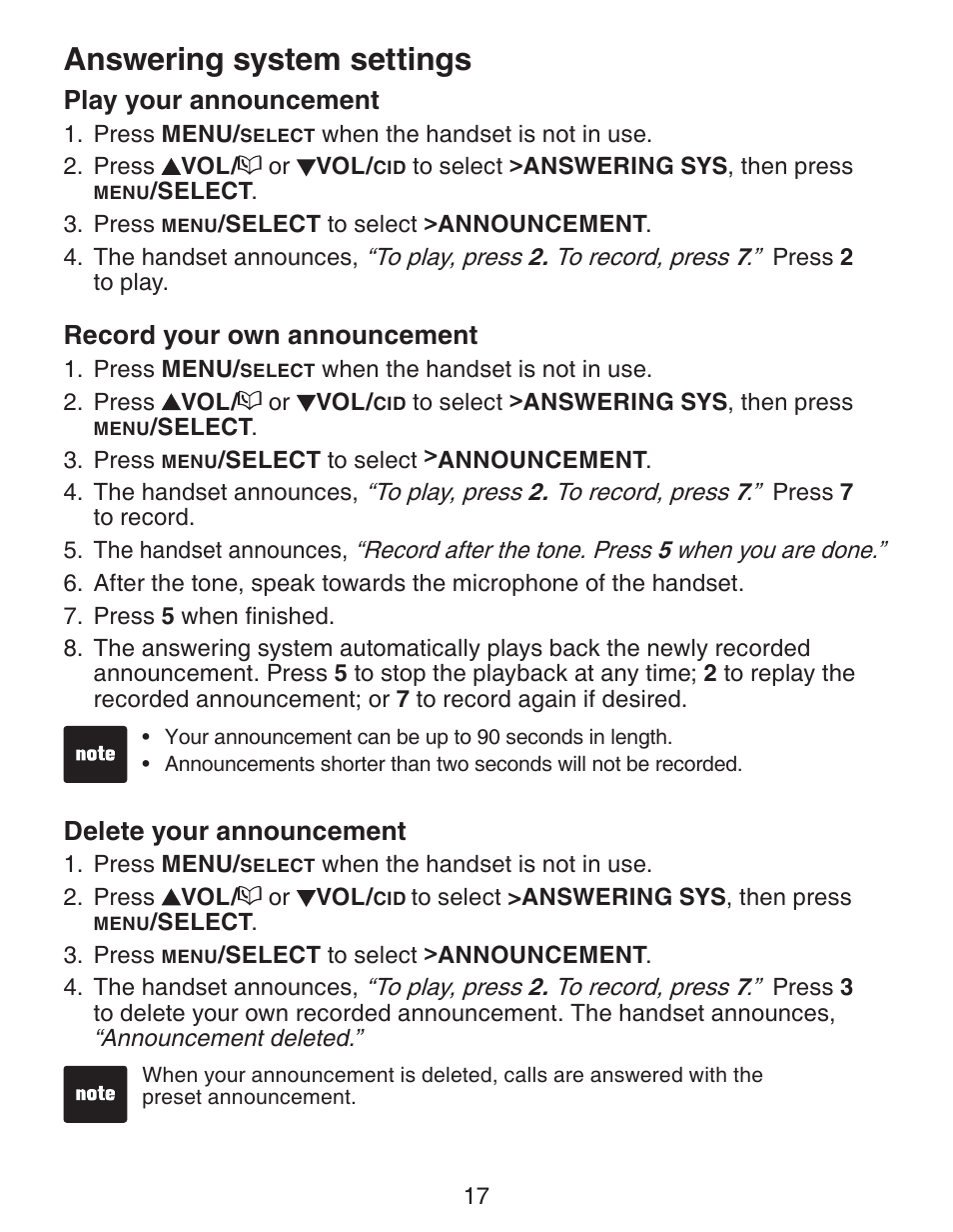 Answering system settings, Play your announcement, Record your own announcement | Delete your announcement | VTech CS6329-5 User Manual | Page 21 / 71