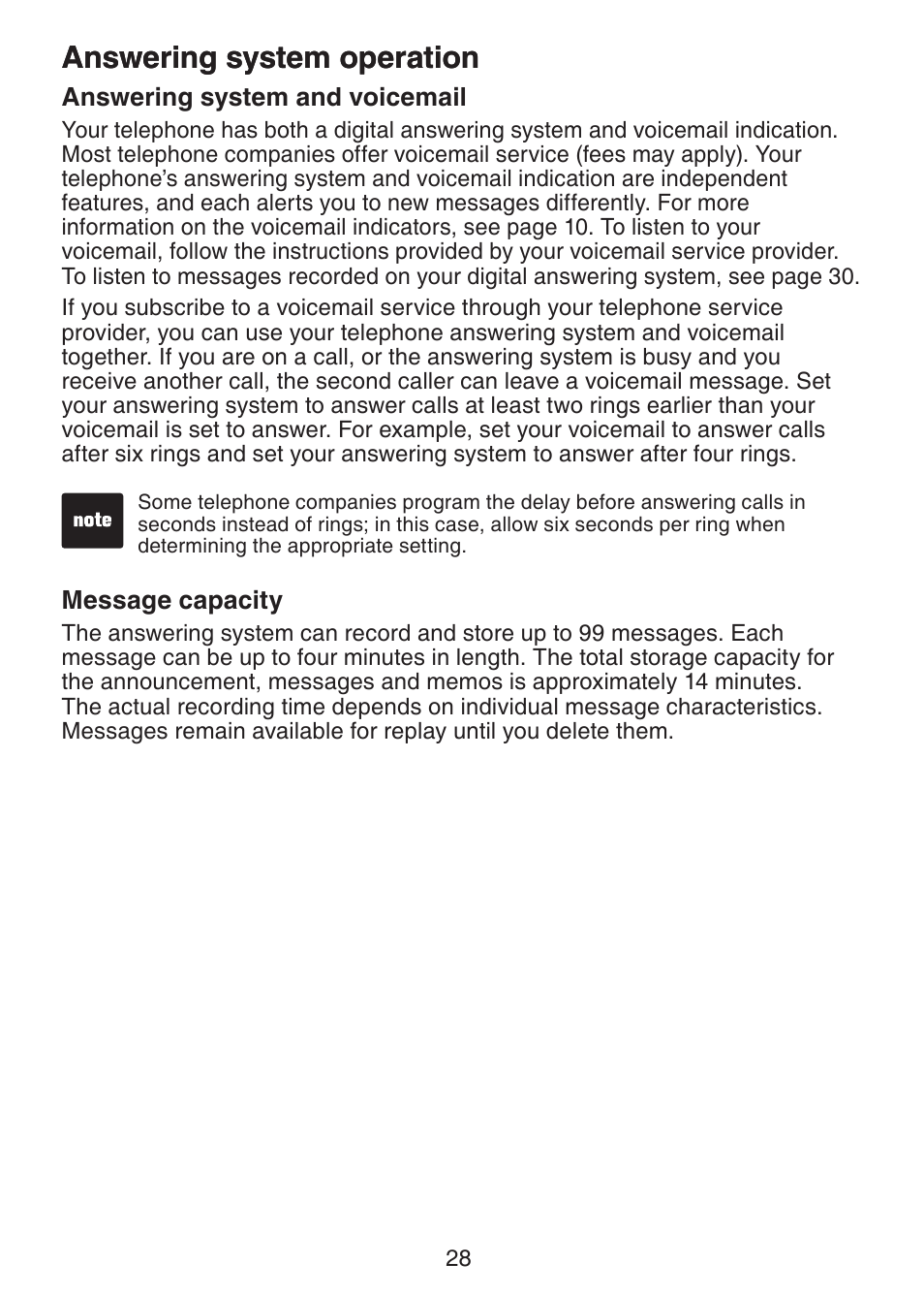 Answering system operation answering system and, Voicemail, Message capacity | Answering system operation | VTech DS221-2 User Manual | Page 32 / 60