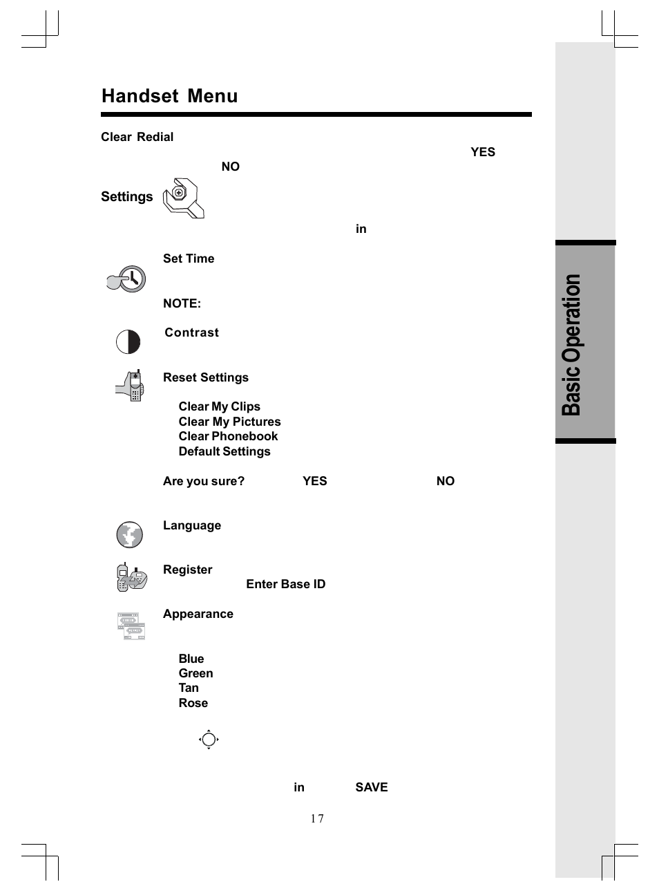 Basic operation, Handset menu | VTech GiGA5.8x VT5886 User Manual | Page 17 / 33