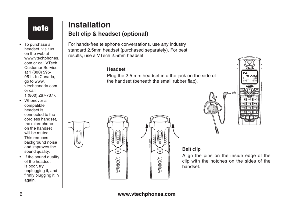 Belt clip & headset (optional), Headset, Belt clip | Installation | VTech I6778 User Manual | Page 9 / 61
