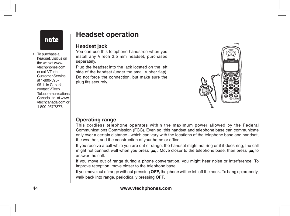 Headset operation, Headset jack | VTech MI6895 User Manual | Page 44 / 63