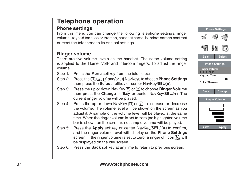 Telephone operation, Phone settings, Ringer volume | VTech IP8300 User Manual | Page 42 / 118