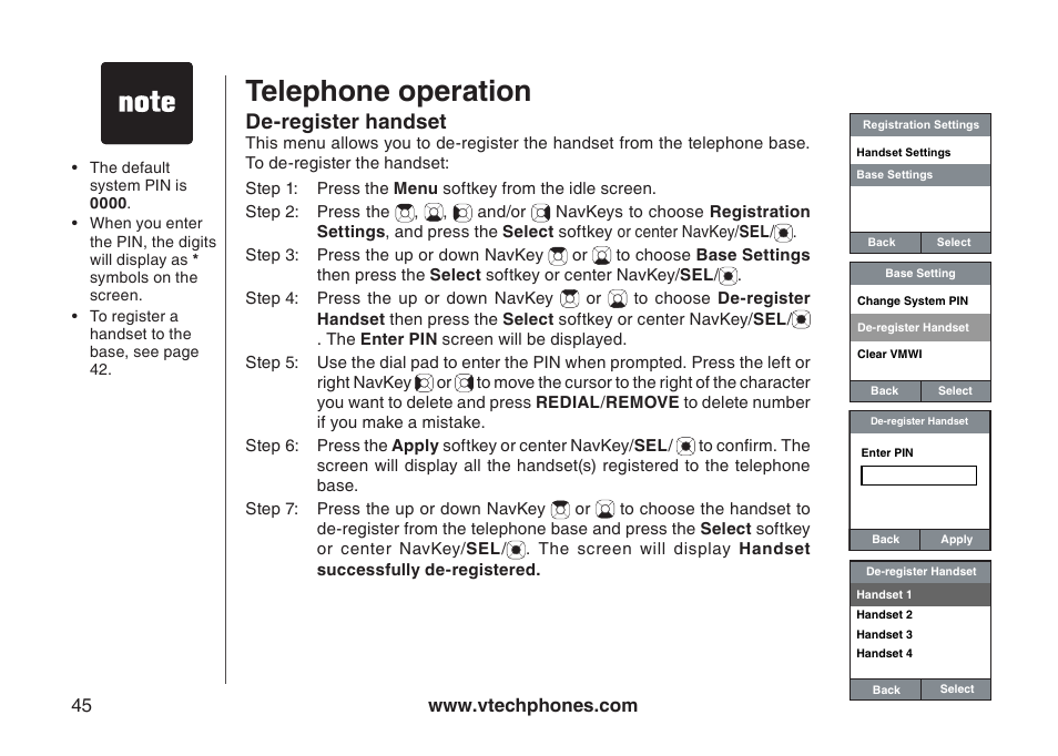 Telephone operation, De-register handset | VTech IP8300 User Manual | Page 50 / 118