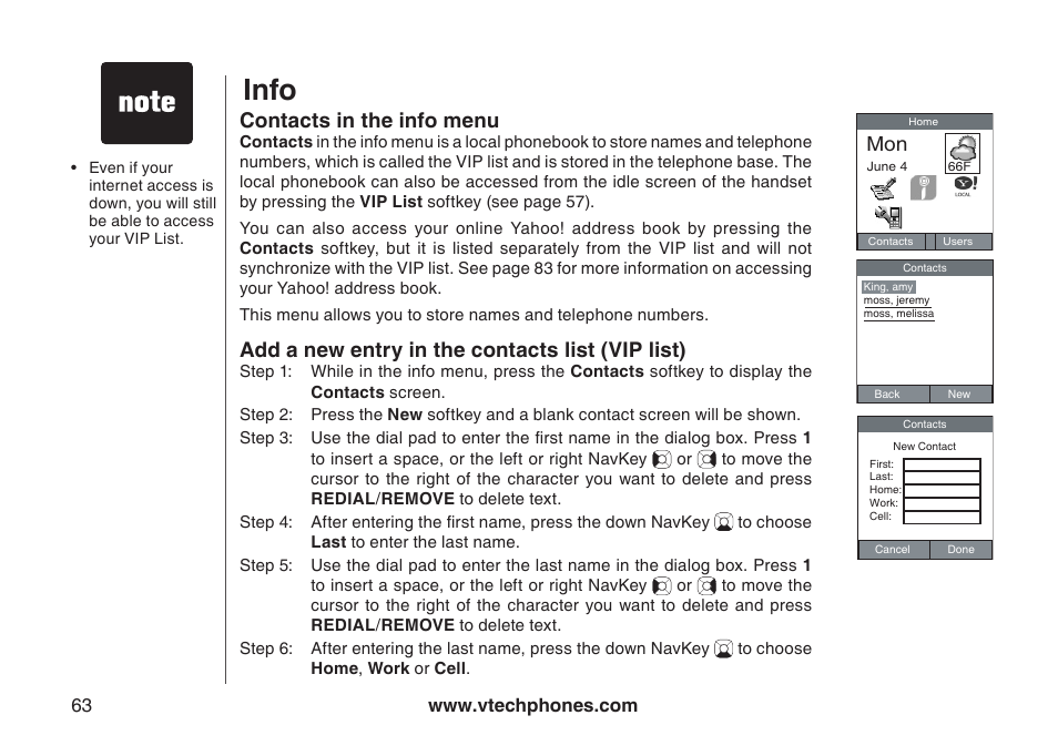 Info, Contacts in the info menu, Add a new entry in the contacts list (vip list) | VTech IP8300 User Manual | Page 68 / 118