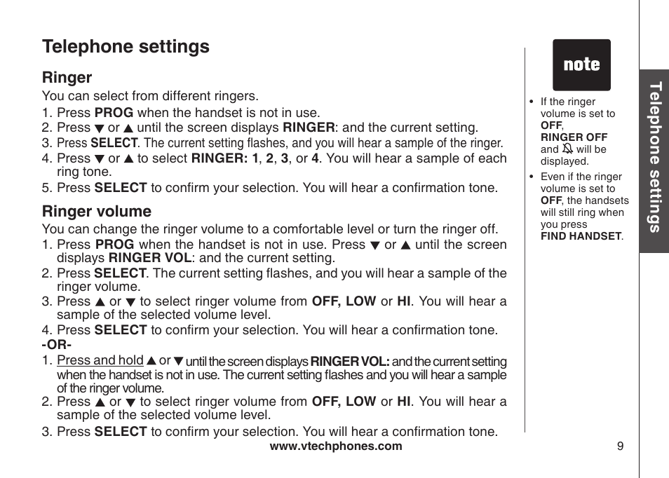 Rnger rnger volume, Telephone settings, Te le ph on e s ett in gs | Ringer, Ringer volume | VTech CS5111-3 User Manual | Page 12 / 56