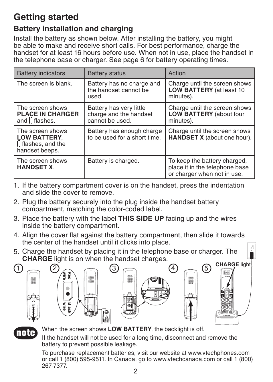Getting started, Battery installation and charging | VTech DECT 6.0 CS6219-4 User Manual | Page 5 / 18