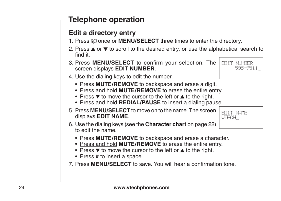 Telephone operation, Edit a directory entry | VTech DECT DS6121-2 User Manual | Page 28 / 74