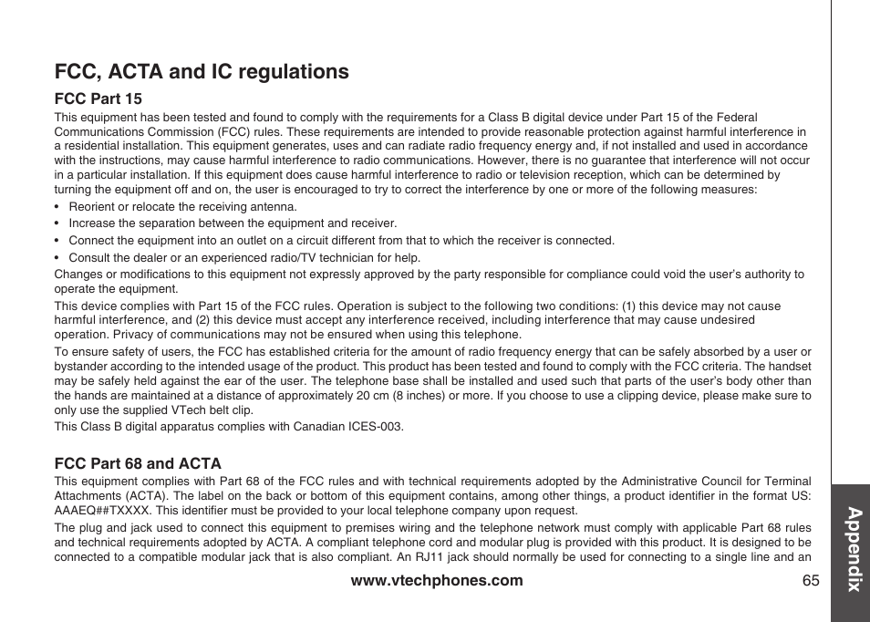 Fcc, acta and ic regulations, Appendix | VTech DECT DS6121-2 User Manual | Page 69 / 74