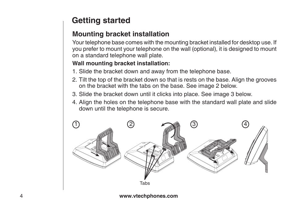 Getting started, Mounting bracket installation | VTech DECT DS6121-2 User Manual | Page 8 / 74
