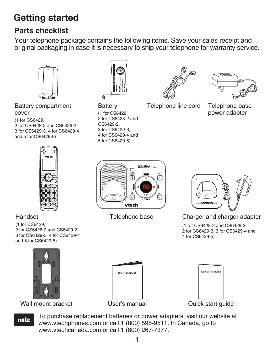 Parts checklist, Getting started, Getting started parts checklist | 1parts checklist | VTech DECT CS6429-3 User Manual | Page 5 / 76