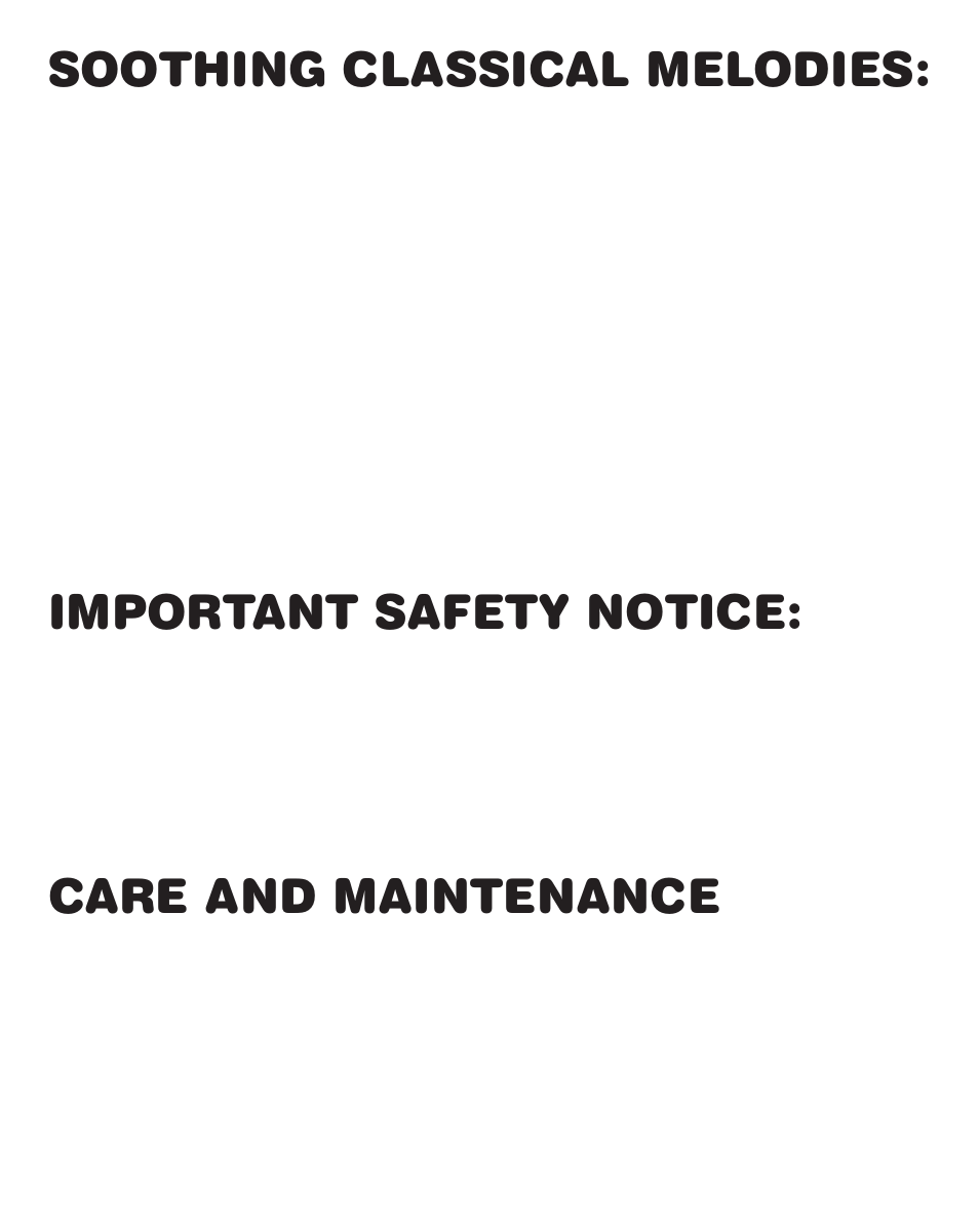 Soothing classical melodies, Important safety notice, Care and maintenance | VTech Nighty Nite Nature Light User Manual | Page 13 / 14