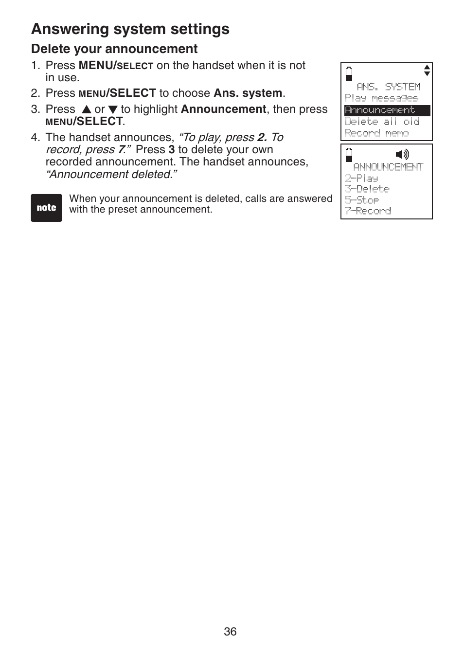 Delete your announcement, Answering system settings | VTech DS6321-2 User Manual | Page 40 / 101