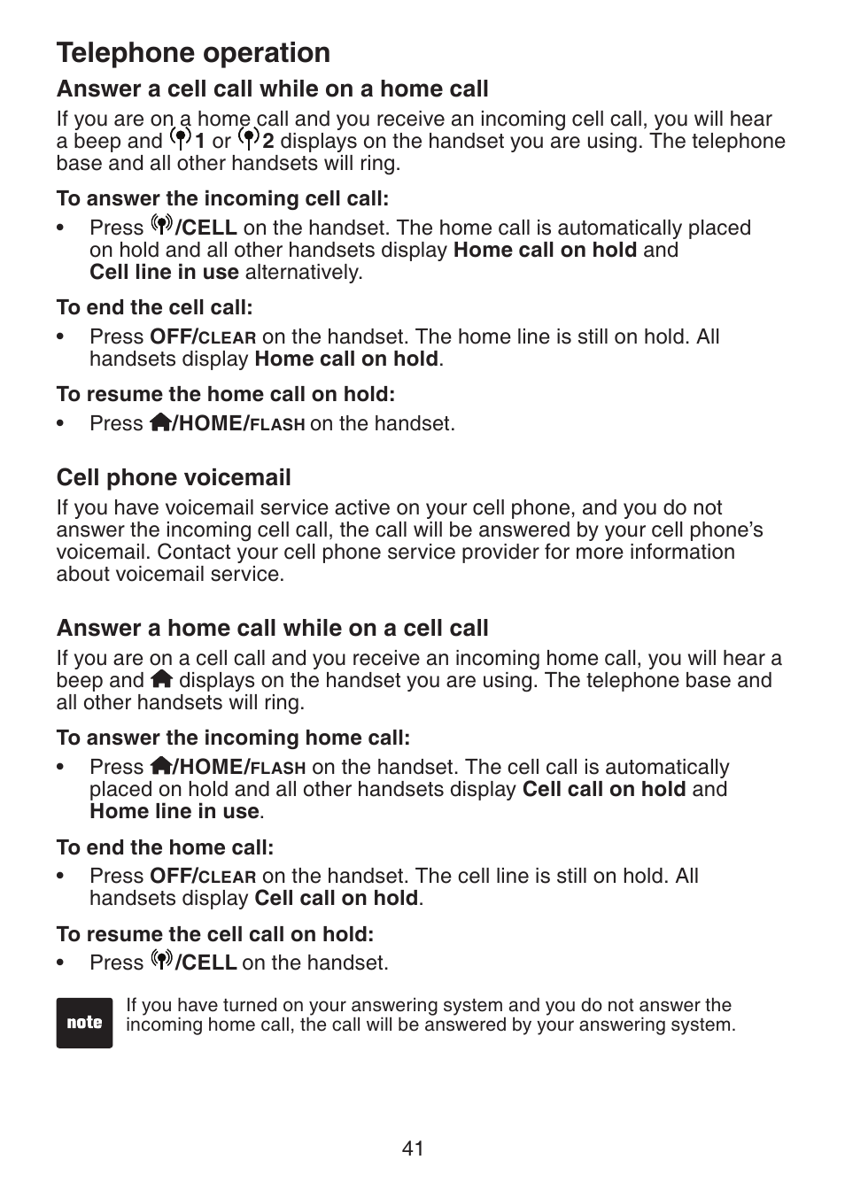 Answer a cell call while on a, Home call, Cell phone voicemail | Answer a home call while on, A cell call, Telephone operation | VTech DS6321-2 User Manual | Page 45 / 101