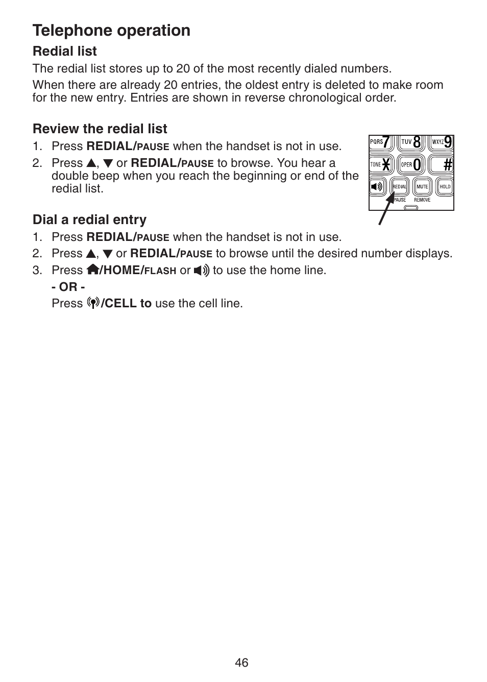 Redial list, Review the redial list, Dial a redial entry | Telephone operation | VTech DS6321-2 User Manual | Page 50 / 101