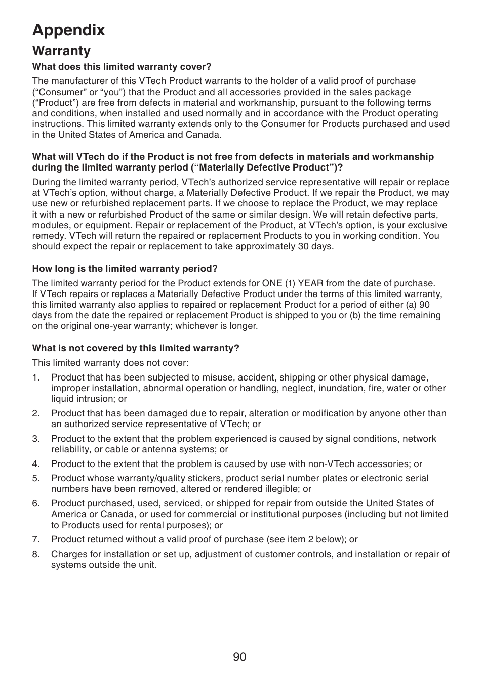 Warranty, Appendix | VTech DS6321-2 User Manual | Page 94 / 101