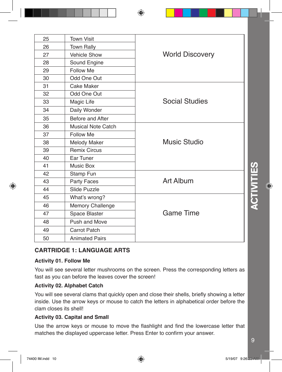 Ac tiviti e s, World discovery, Social studies | Music studio, Art album, Game time | VTech 91-02239-001 User Manual | Page 10 / 16
