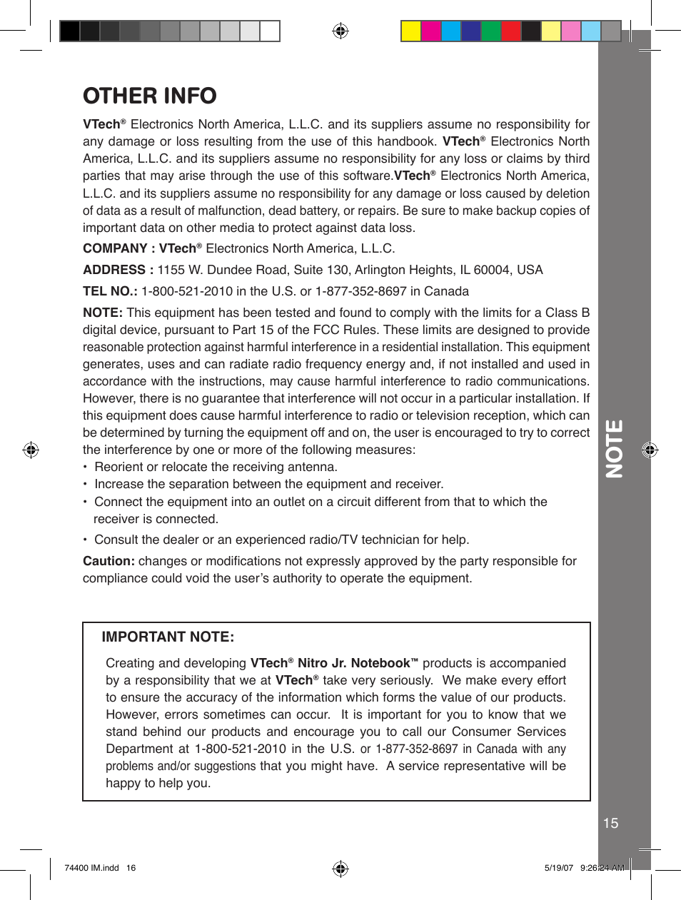 No te other info | VTech 91-02239-001 User Manual | Page 16 / 16