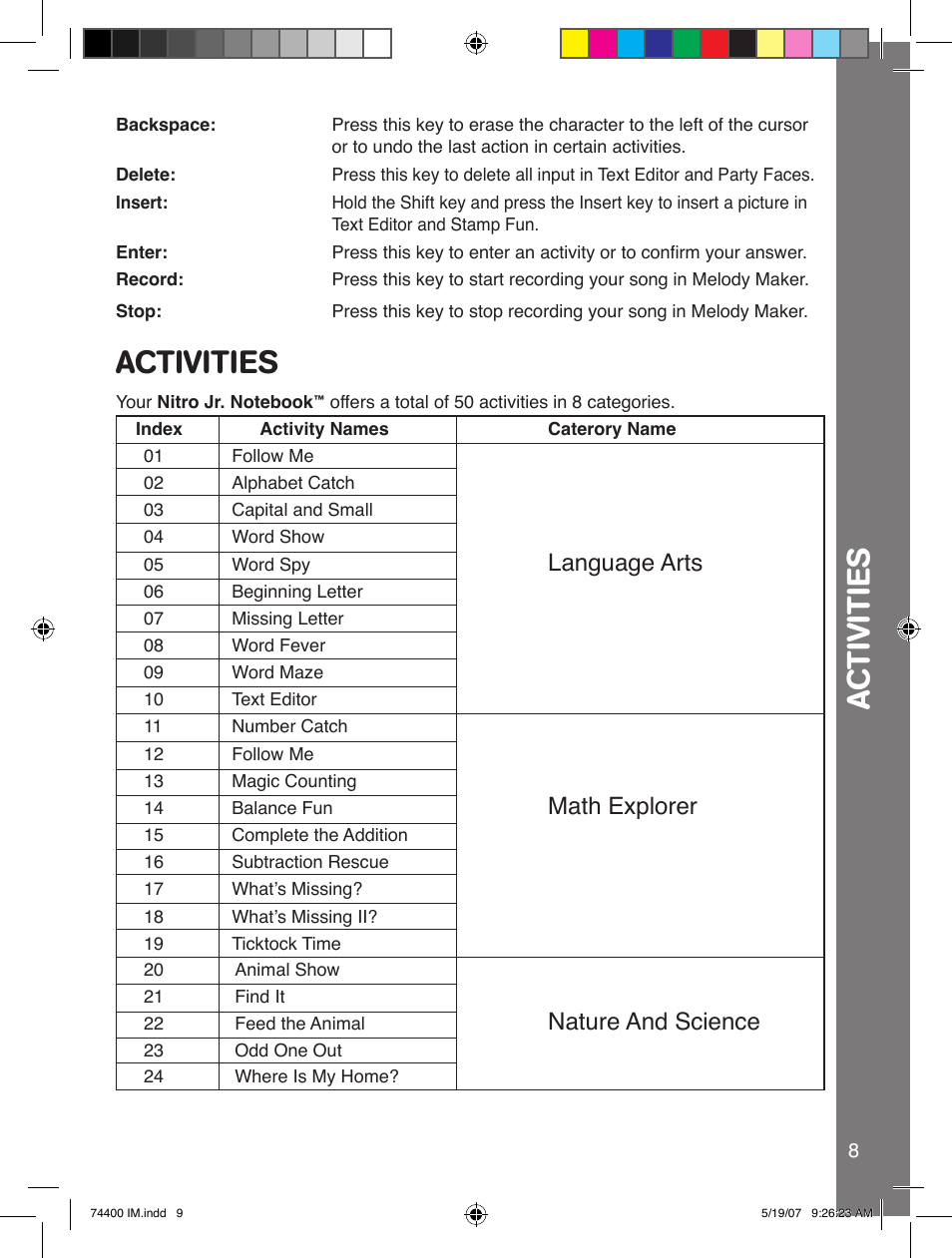 Ac tiviti e s, Activities, Language arts | Math explorer, Nature and science | VTech 91-02239-001 User Manual | Page 9 / 16