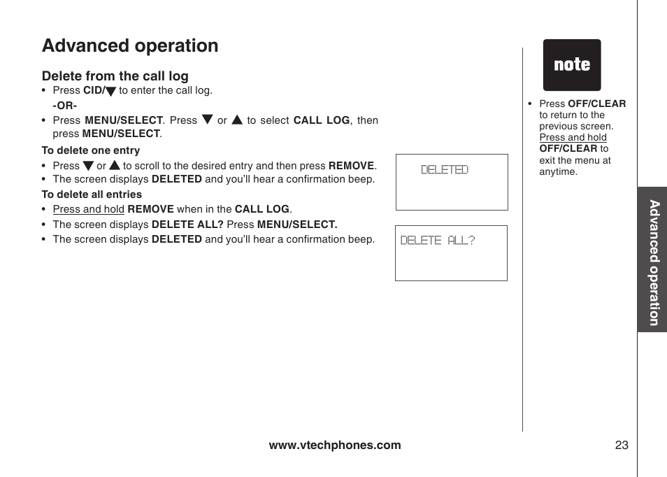 Delete one or all entries in the call log, Delete from the call log, Advanced operation | VTech 6031 User Manual | Page 26 / 51