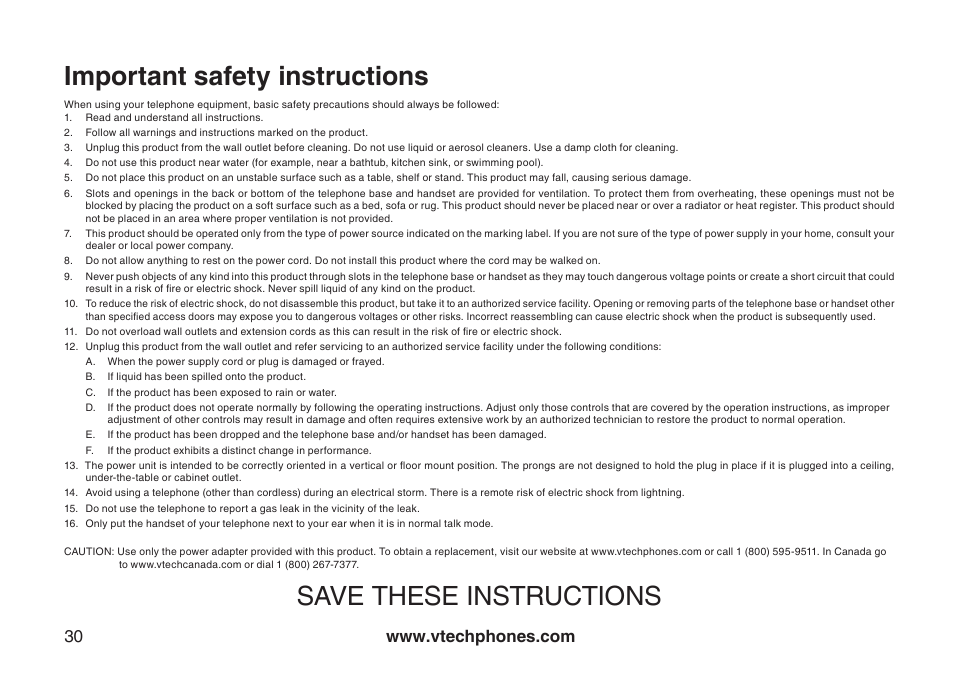 Important safety instructions, Important safety nstructons, Save these instructions | VTech 6031 User Manual | Page 33 / 51