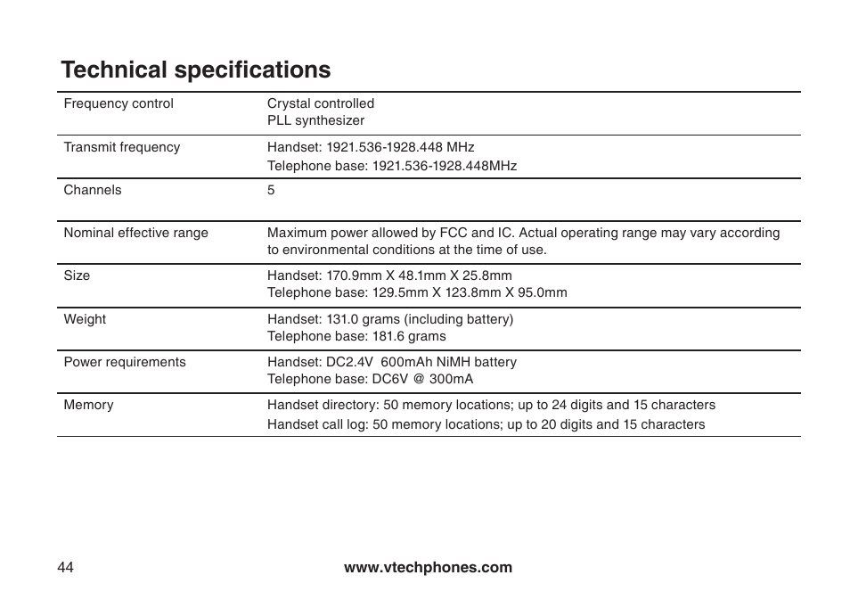 Technical specifications | VTech 6031 User Manual | Page 47 / 51