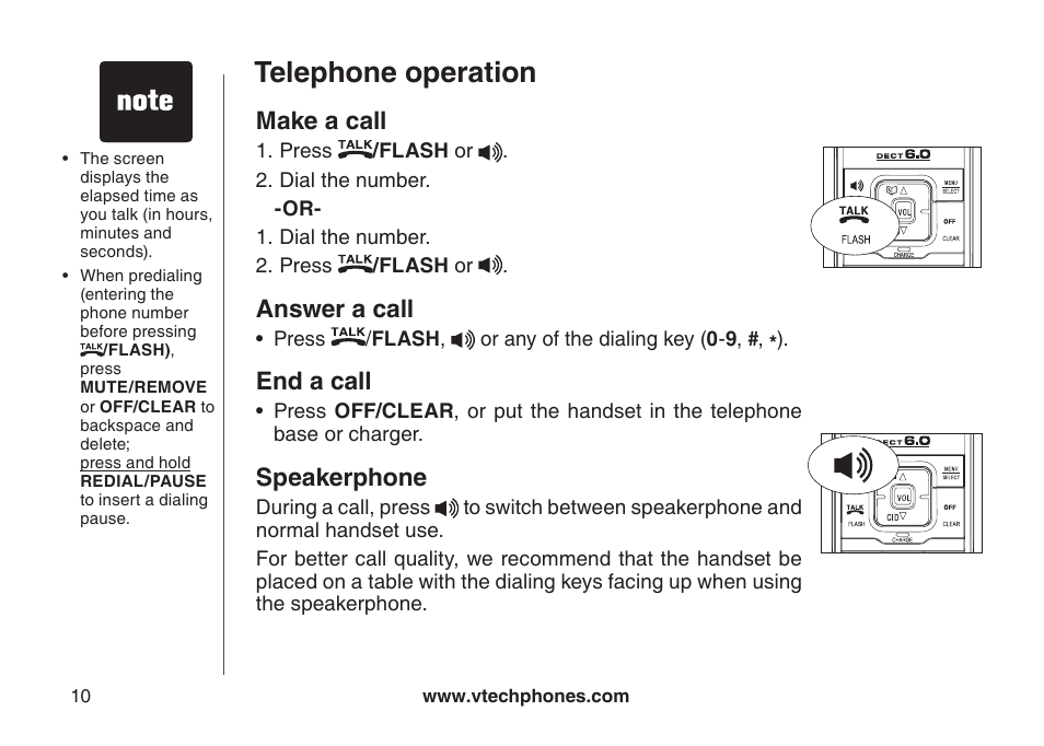 Telephone operation, Make a call, Answer a call | End a call, Speakerphone | VTech LS6126-5 User Manual | Page 13 / 73