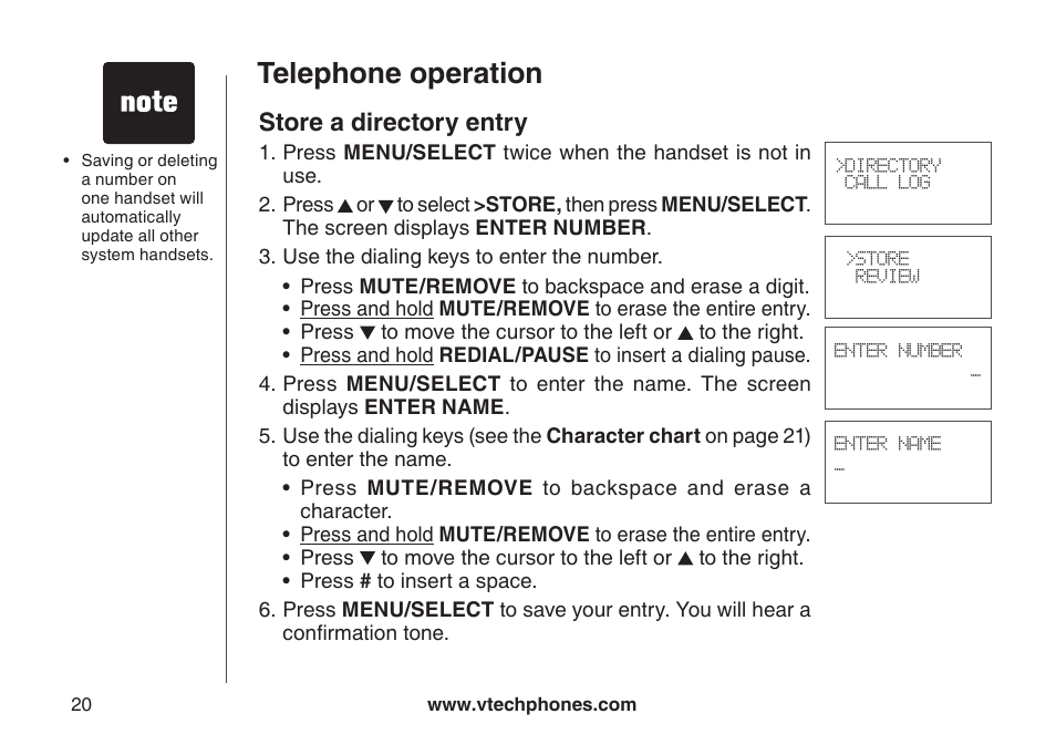Telephone operation, Store a directory entry | VTech LS6126-5 User Manual | Page 23 / 73