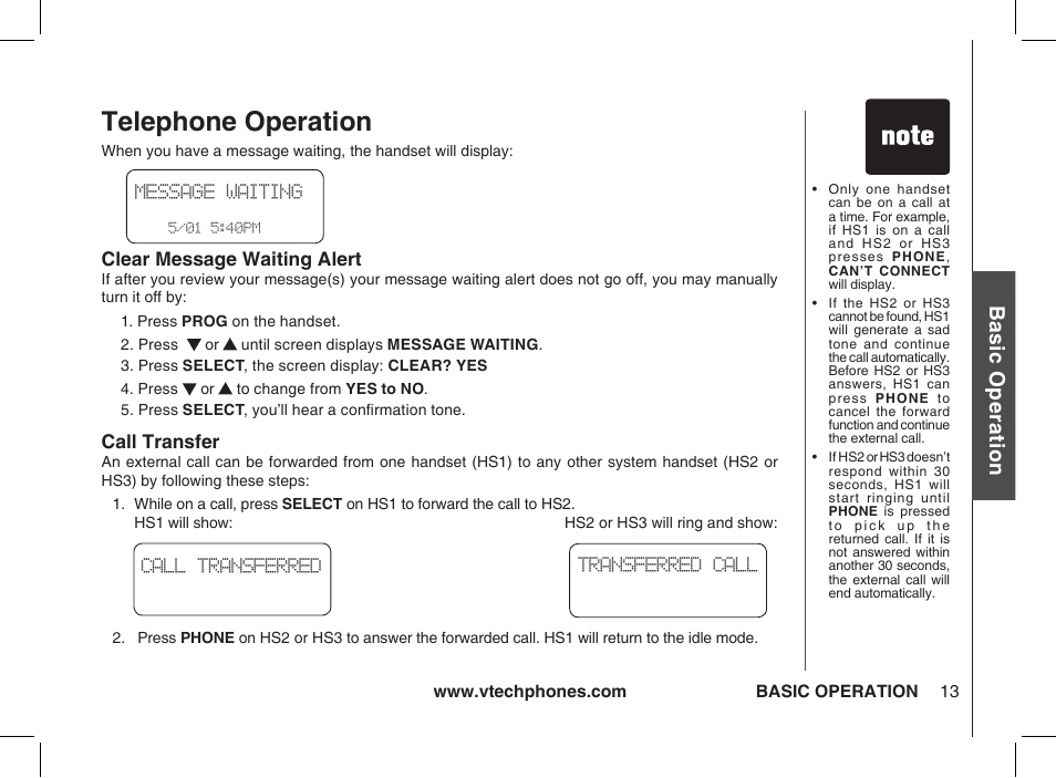 Clear message waiting alert, Call transfer, Telephone operation | Bas ic o pe ra tio n | VTech ia5877 User Manual | Page 14 / 51