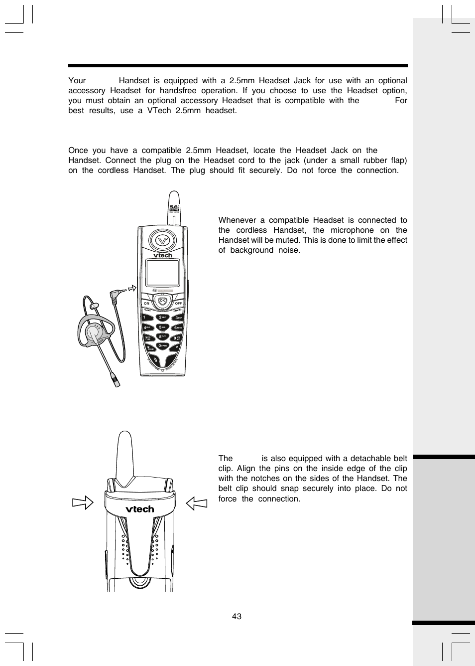 Headset operation, Additional information, Belt clip | VTech i 5803 User Manual | Page 43 / 56