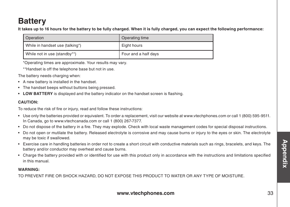Battery, Appendix | VTech LS6117-19 User Manual | Page 37 / 56