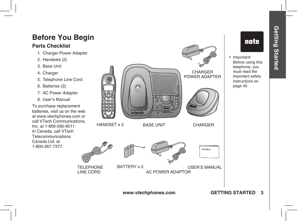 Before you begin, Gett in g s ta rte d | VTech t2350 User Manual | Page 3 / 49