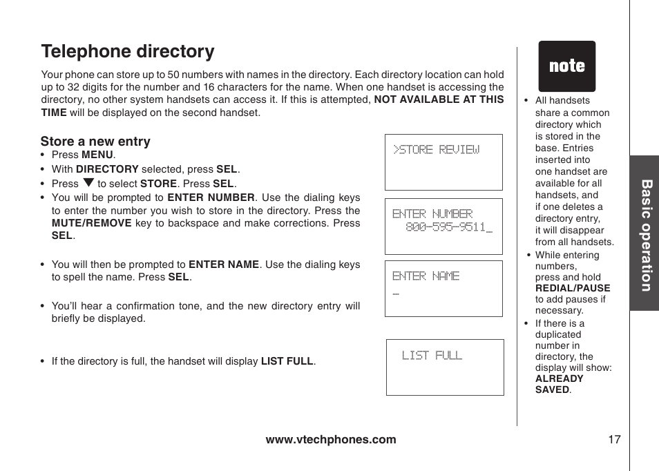 Telephone directory, Bas ic o pe ra tio n | VTech i6775 User Manual | Page 18 / 58