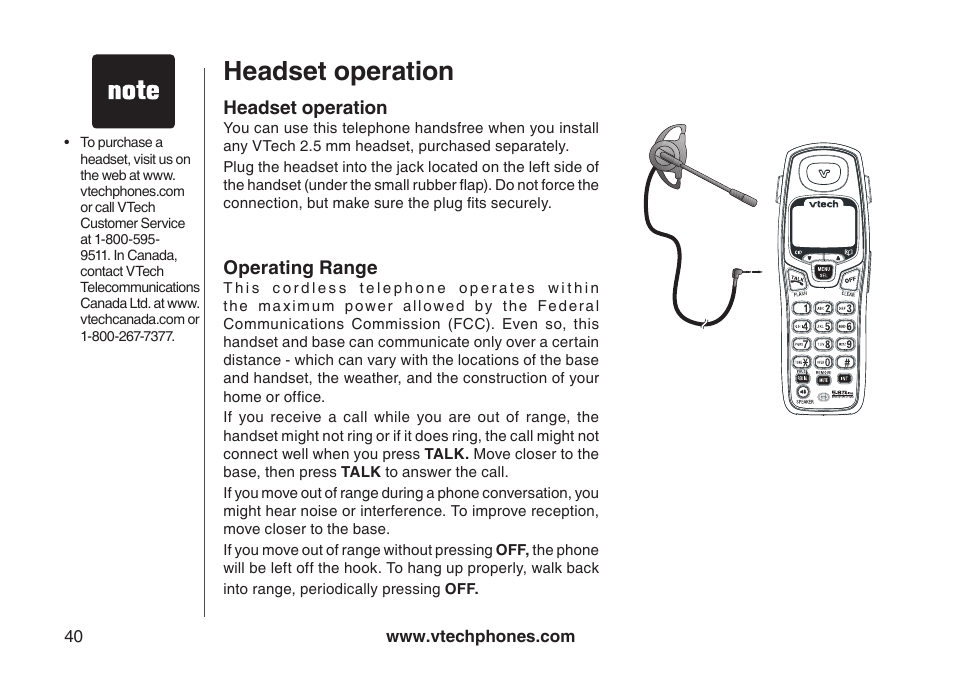 Headset operation | VTech i6775 User Manual | Page 41 / 58