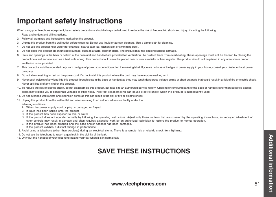 Important safety instructions, Save these instructions, Additional information | VTech i6775 User Manual | Page 52 / 58