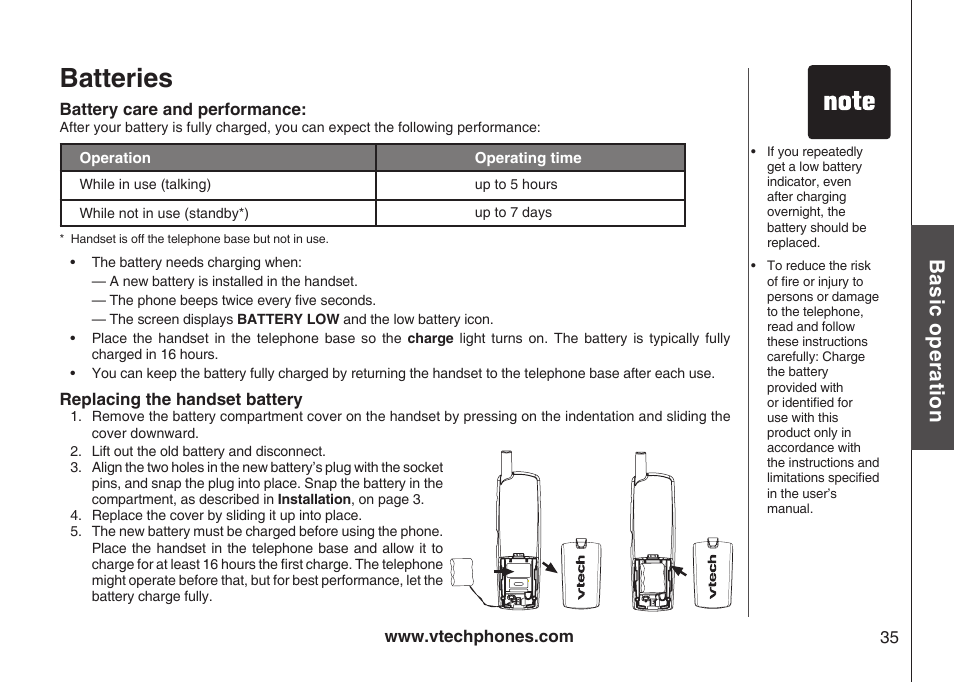 Batteries, Bas ic o pe ra tio n | VTech Amplified Phone User Manual | Page 38 / 58