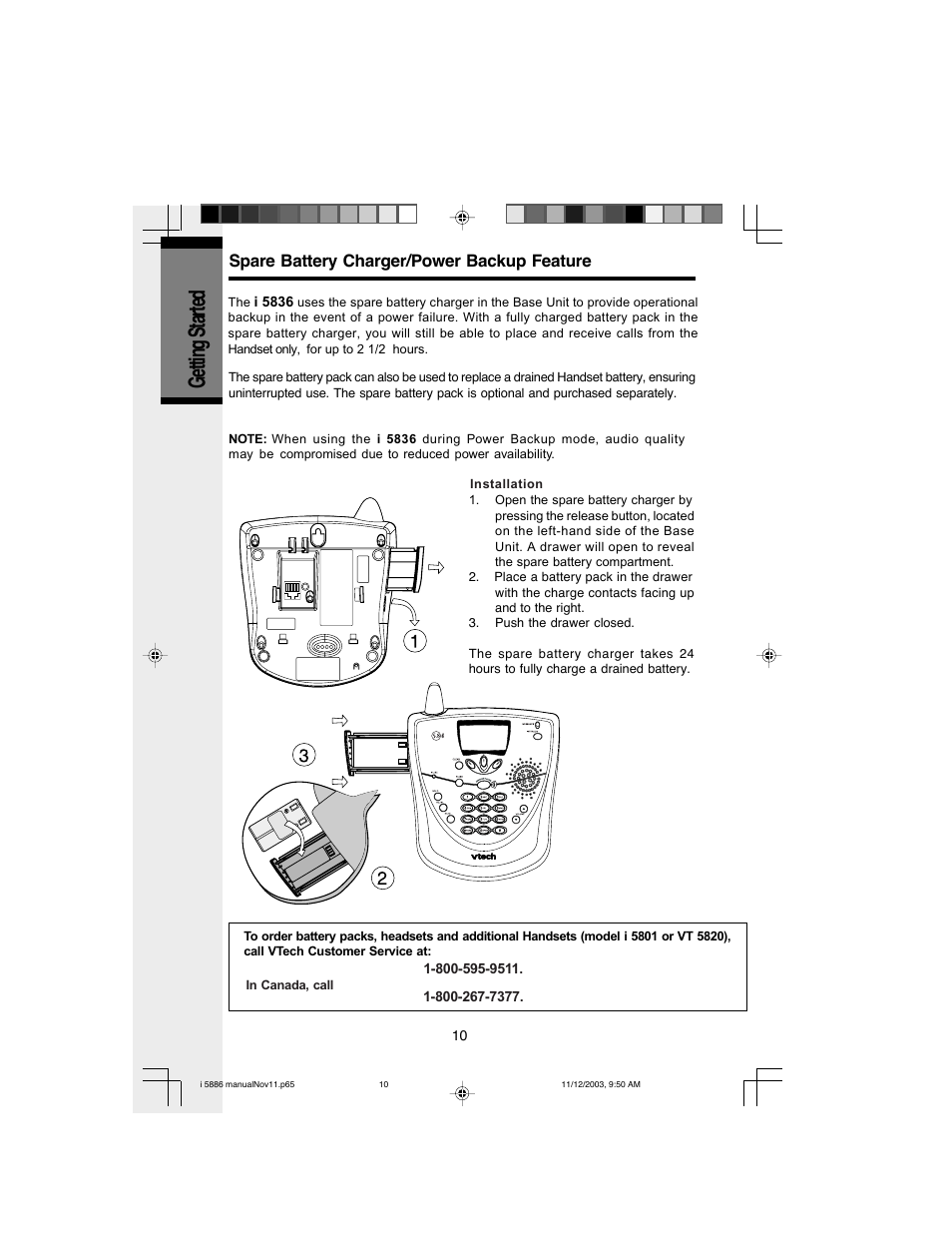 Getting started, Spare battery charger/power backup feature | VTech i 5836 User Manual | Page 12 / 60