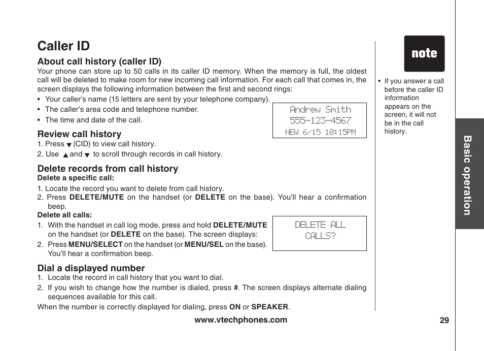 Caller id, Bas ic o pe ra tio n | VTech VT5875 User Manual | Page 30 / 54