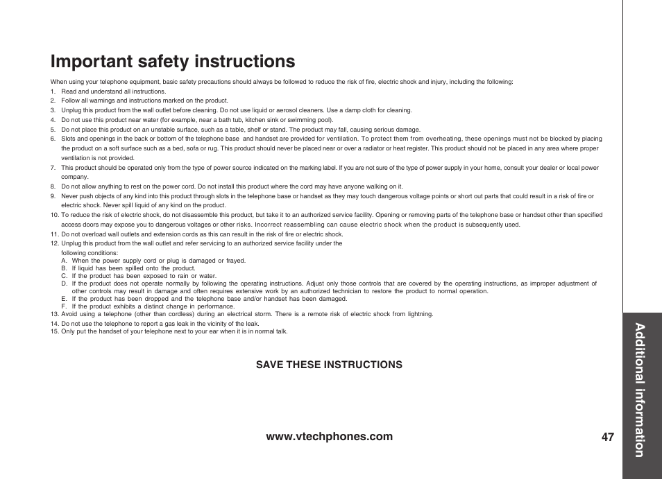 Important safety instructions, Additional information, Save these instructions | VTech VT5875 User Manual | Page 48 / 54