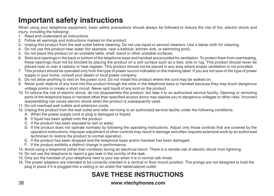 Battery, Important safety instructions, Save these instructions | VTech LS6115-3 User Manual | Page 42 / 59