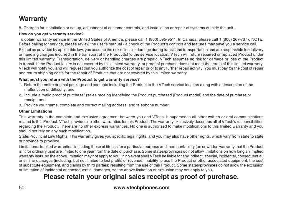 Warranty | VTech LS6115-3 User Manual | Page 54 / 59