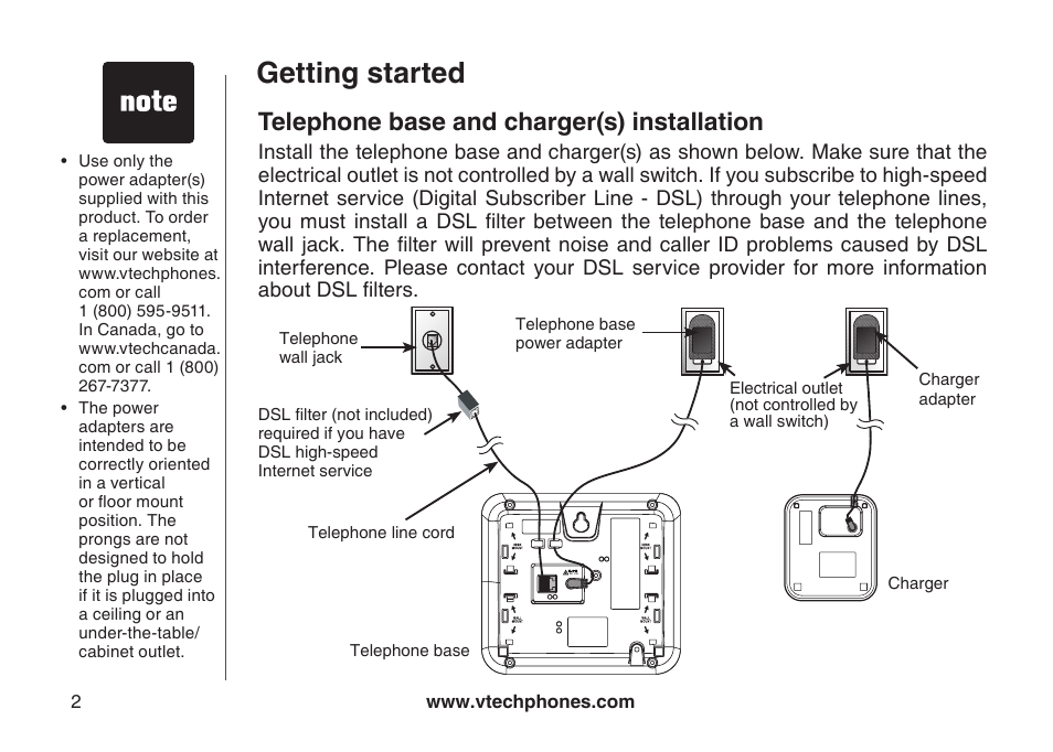 Getting started, Telephone base and charger(s) installation | VTech CS5121-3 User Manual | Page 5 / 70