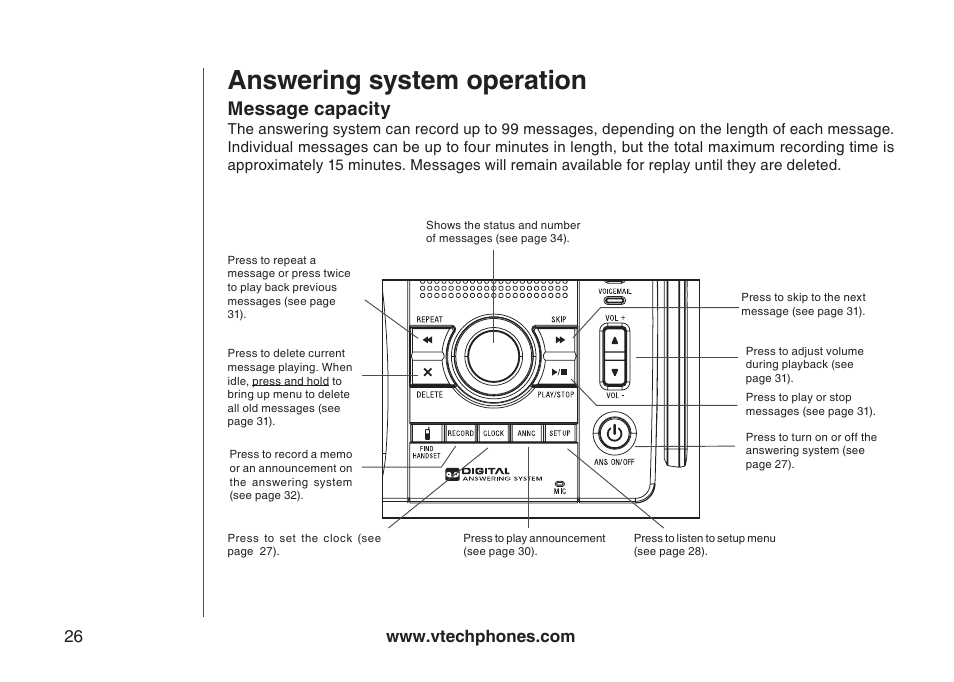 Answering system operation, Message capacity | VTech I6767 User Manual | Page 29 / 60