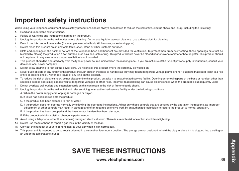 Important safety instructions, Save these instructions, Appendix | VTech I6767 User Manual | Page 42 / 60