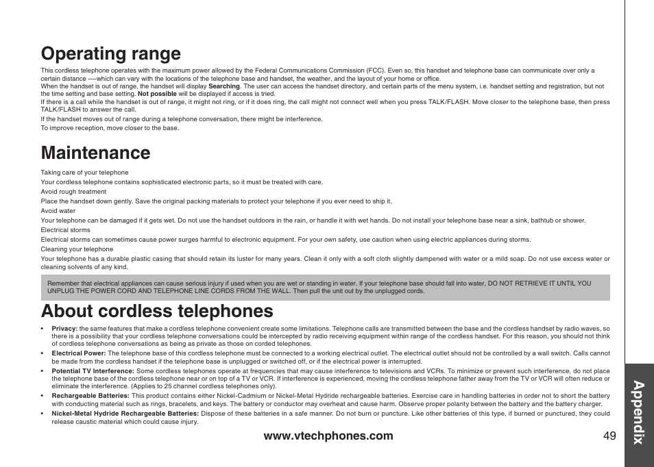 Operating range, Maintenance, About cordless telephones | Appendix | VTech I6767 User Manual | Page 52 / 60